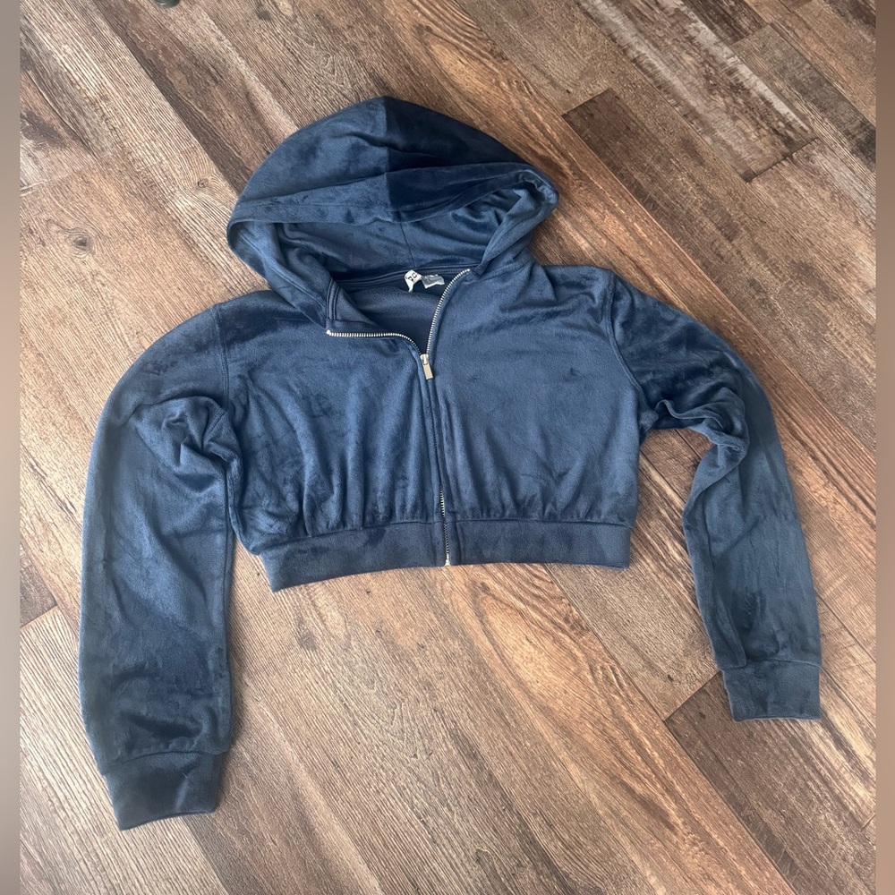 Vintage Style Soft Velvet Navy Blue Cropped Hoodie